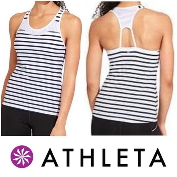 Athleta Tops - Athleta Striped Racerback Workout Tank Top with Shelf Bra Black White Size XS